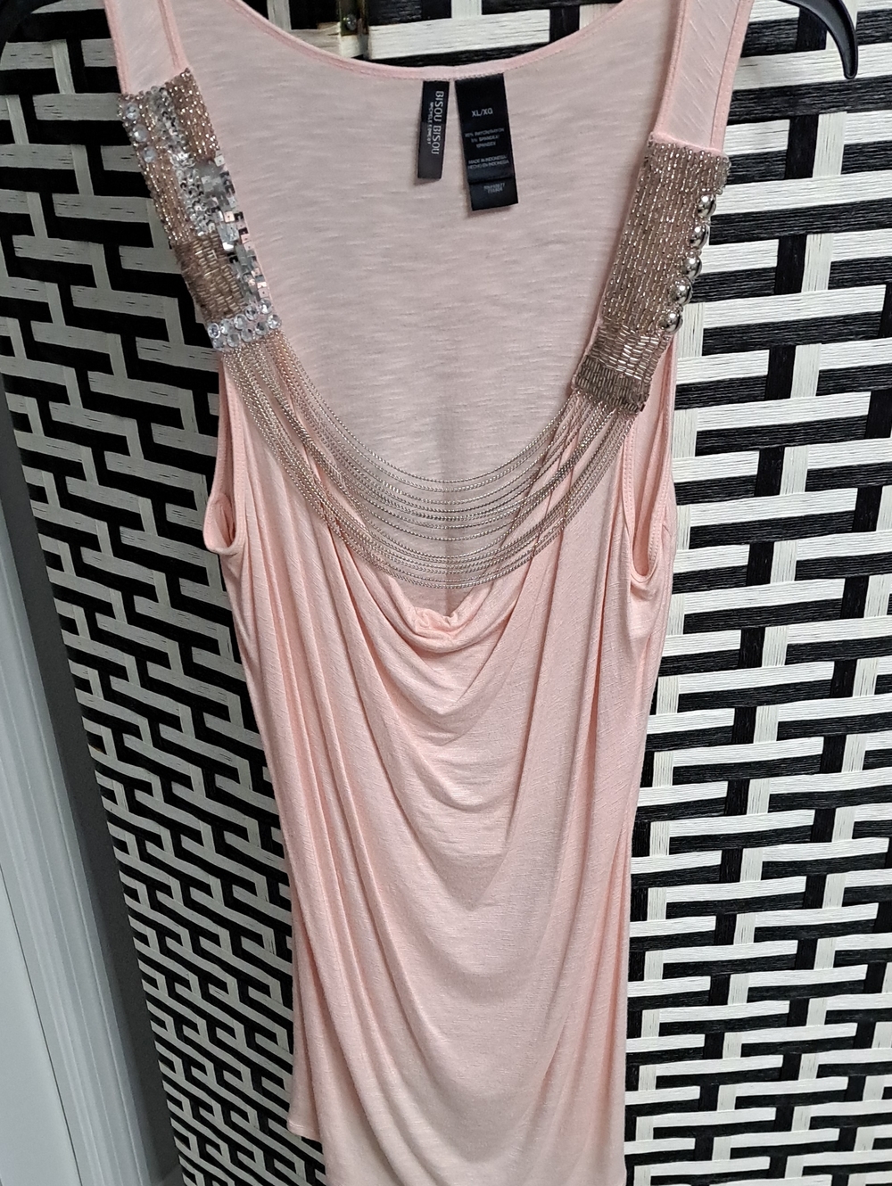 Bisou Bisou Blush Pink Draped Tank with Chain & Sequin Shoulder Detail